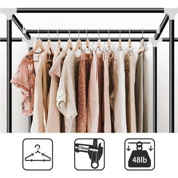 61Inch Portable Wardrobe with 3 Hanging Rods and 6 Storage Shelves, Grey - Picture 6 of 6